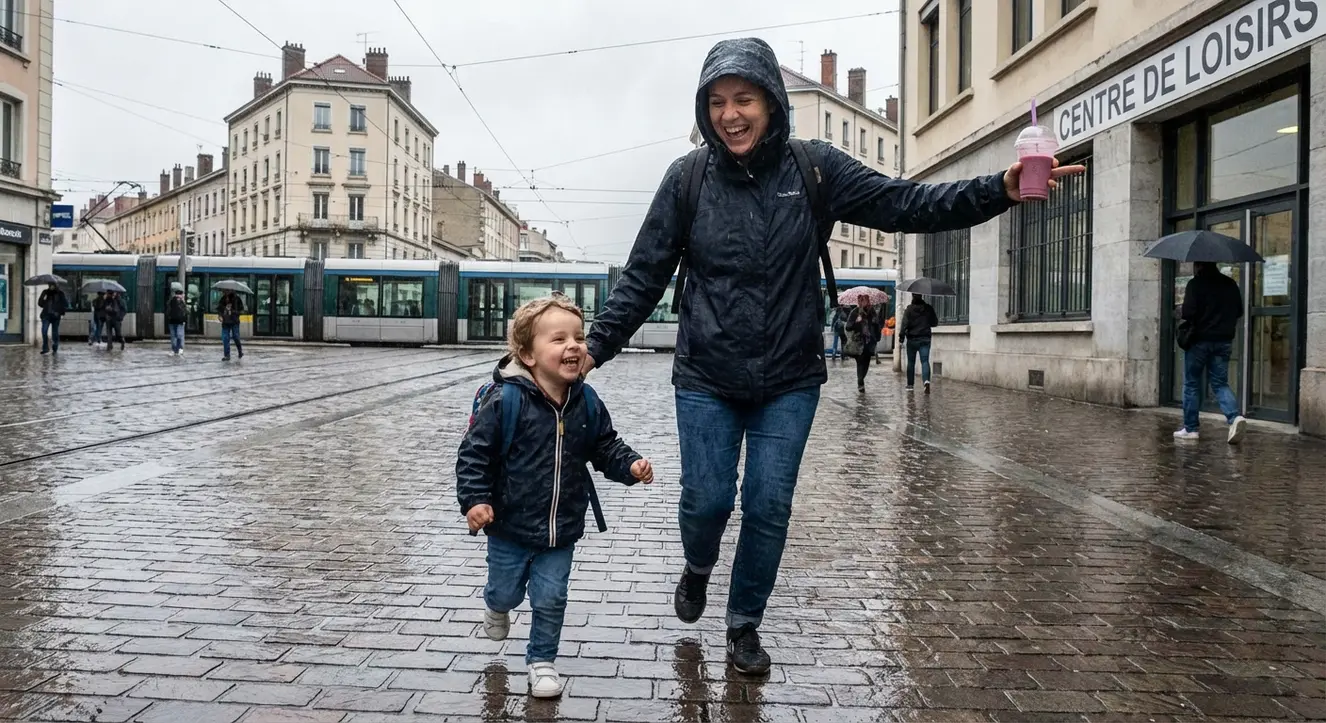 Une scène d’un parent et son enfant sous la pluie, en train de courir vers un centre de loisirs avec un sac à dos et un smoothie à la main, ambiance urbaine Grenoble, ciel gris
