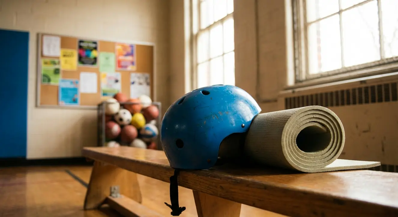 Gros plan sur des équipements de sport enfantins – casque de skate et tapis de gym – dans un local d’accueil, ambiance studio avec éclairage naturel