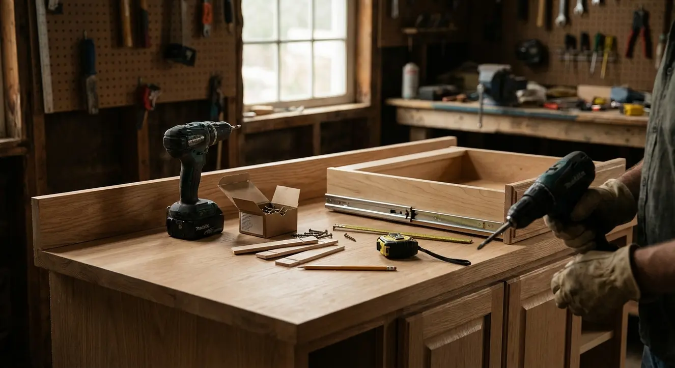 Atelier de bricolage avec perceuse, vis et cales posés sur un plan de cuisine en bois clair, ambiance tamisée, lumière naturelle