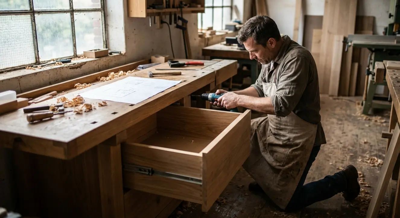 Atelier de menuiserie avec technicien ajustant un tiroir sous plan, ambiance authentique et concentrée
