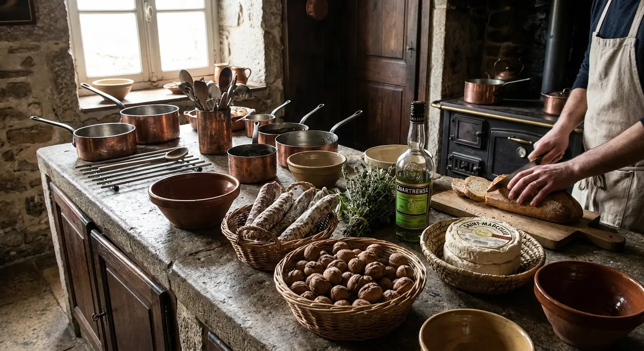 Atmosphère rustique d’une cuisine traditionnelle avec plan de travail en pierre, ustensiles en cuivre et ingrédients du terroir disposés autour