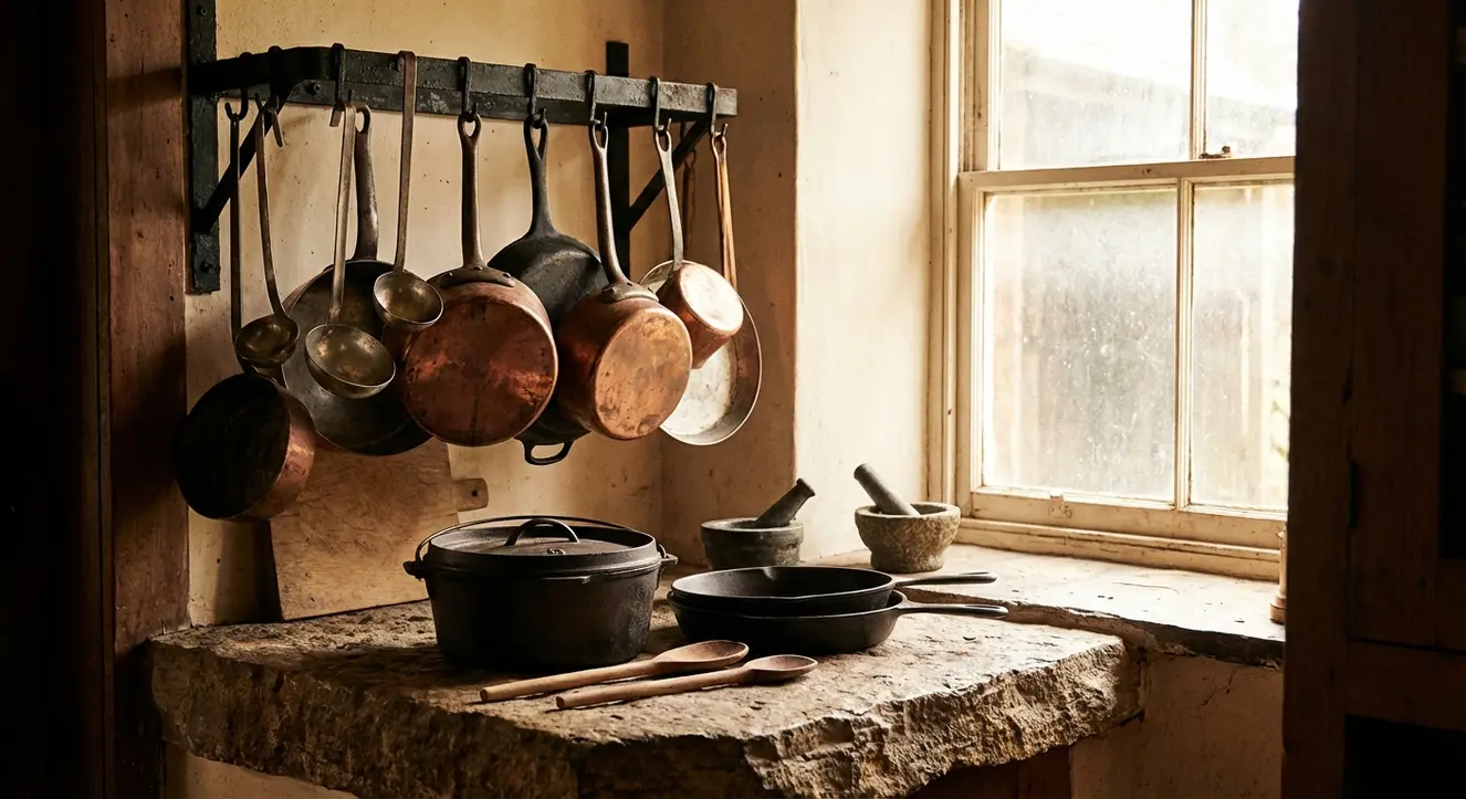 Détail sur des ustensiles en cuivre, batterie en fonte et plan de travail en pierre naturelle, lumière chaude et ambiance atelier artisanal