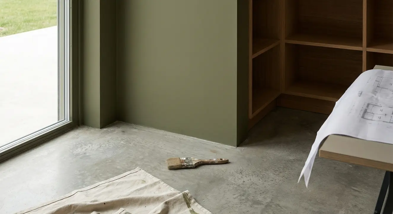 Aménager un angle : 10 solutions d'architecte pour l'espace perdu - Illustration Gros plan d’un coin de pièce avec un mur fraîchement peint, un pinceau posé sur un sol en béton brut, ambiance atelier, lumière naturelle