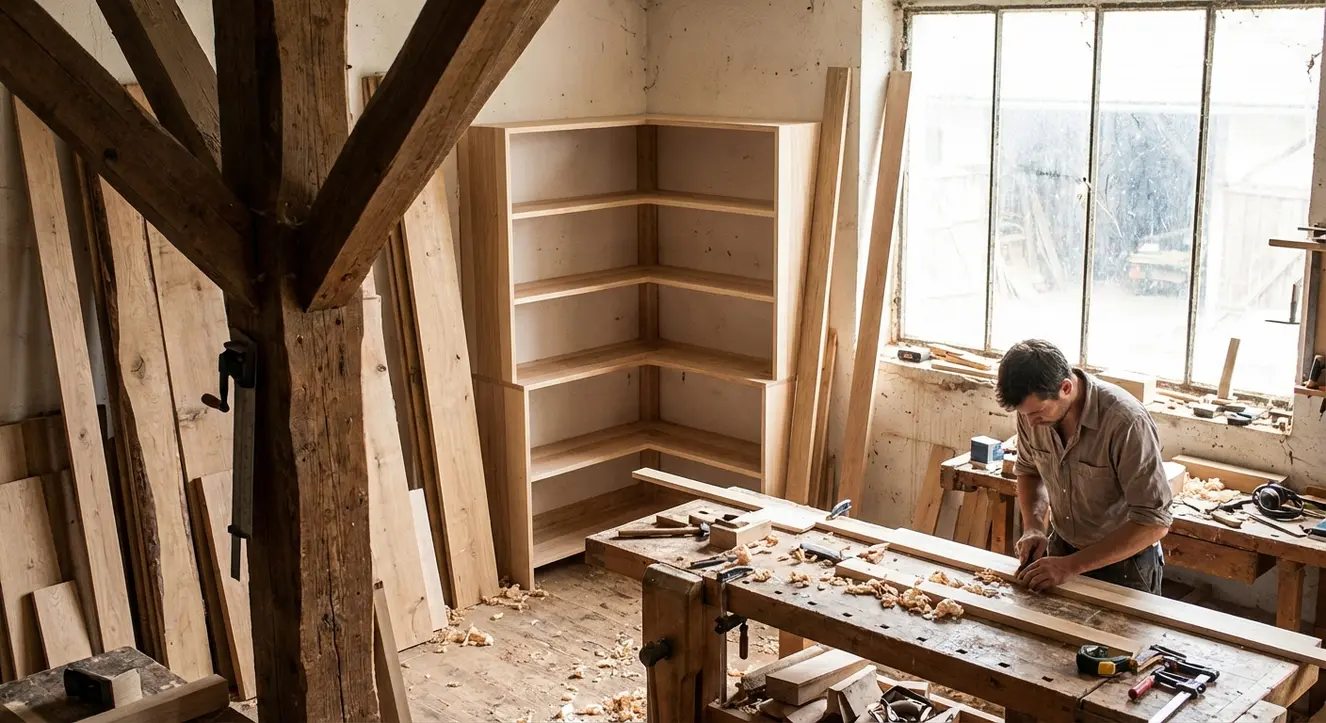 Aménager un angle : 10 solutions d'architecte pour l'espace perdu - Illustration Atelier de menuiserie avec des étagères d’angle sur mesure en cours de fabrication, ambiance artisanale et bois brut