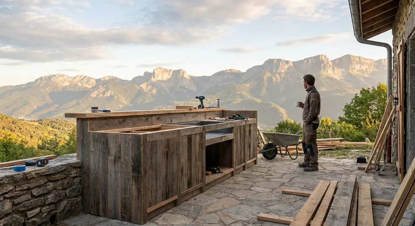 Lever de soleil sur un chantier de cuisine extérieure en bois avec vue panoramique sur le massif du Vercors, atmosphère matinale et lumière naturelle
