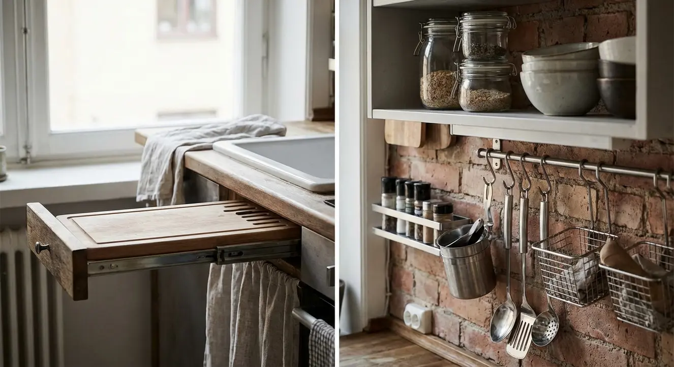 Vue rapprochée d'accessoires de cuisine ingénieux, plans de travail coulissants et rangements multifonctions avec un éclairage naturel doux