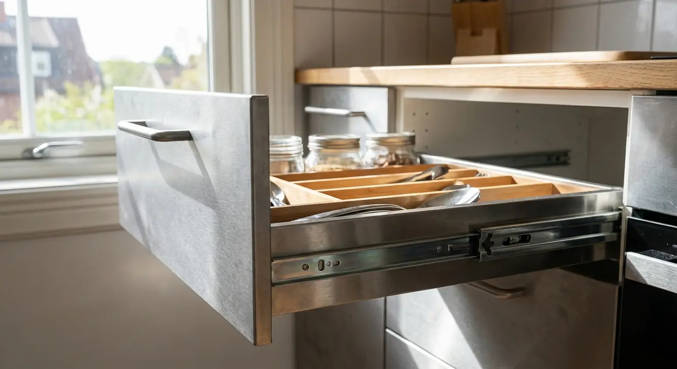 Détail d’un tiroir coulissant métallique ouvert dans une cuisine moderne, lumière naturelle mettant en valeur les matériaux et la quincaillerie de qualité