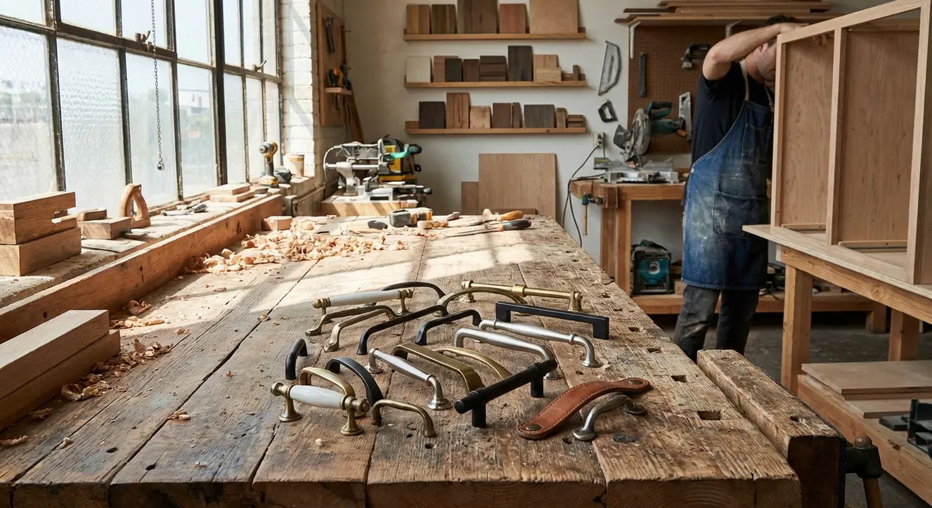 Atelier de menuiserie avec collection variée de poignées de meubles exposées sur plan de travail en bois brut, lumière naturelle tranchante