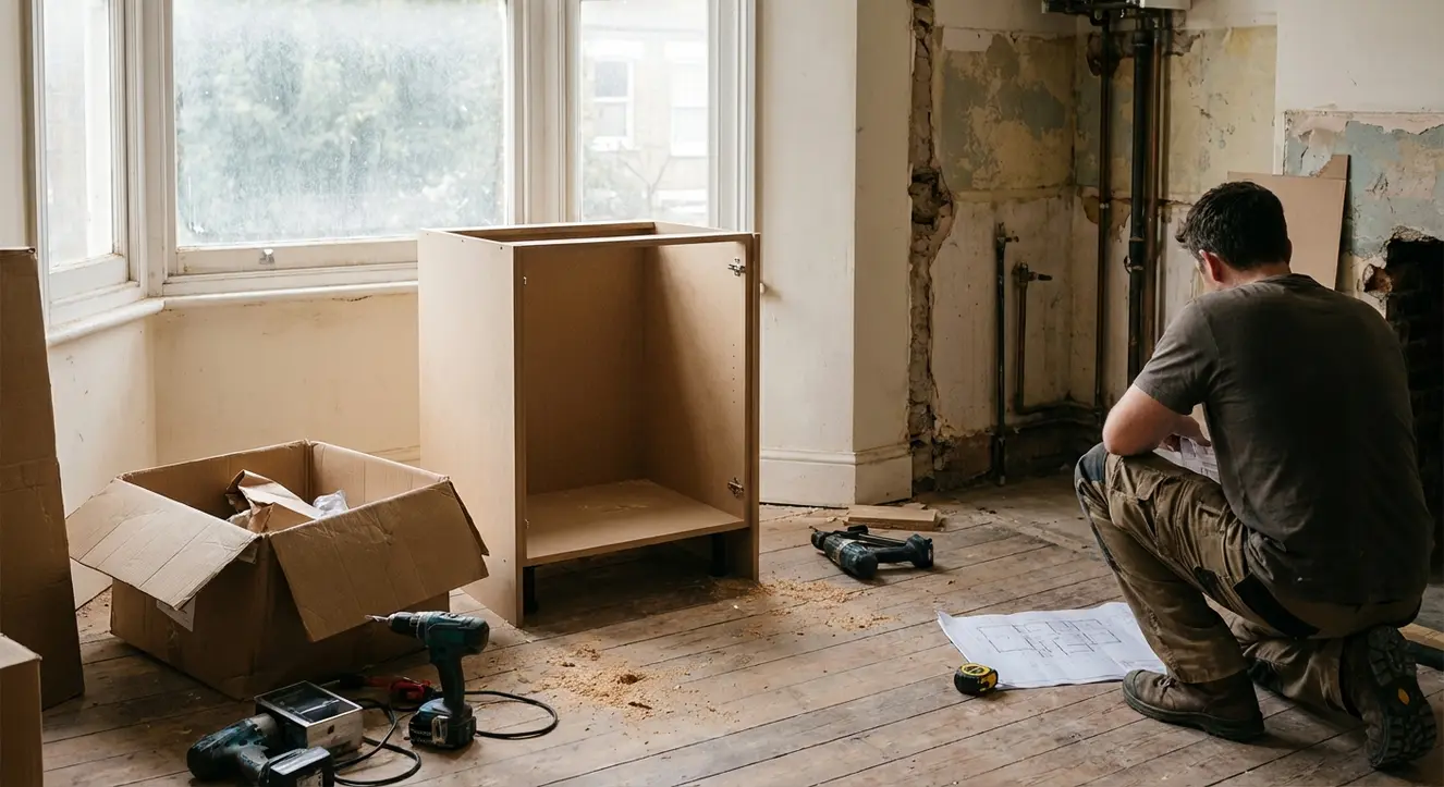 Scène d’un chantier de cuisine en intérieur avec éclairement naturel tamisé, caisson MDF déballé posé au sol, ambiance réaliste de bricolage intense