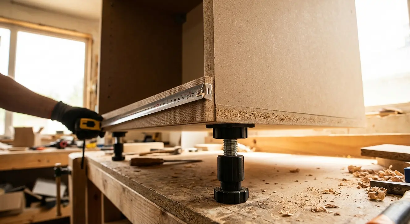 Gros plan atmosphérique sur un caisson de cuisine en MDF avec détails des chants et pieds réglables, éclairage atelier, ambiance bricoleur expert