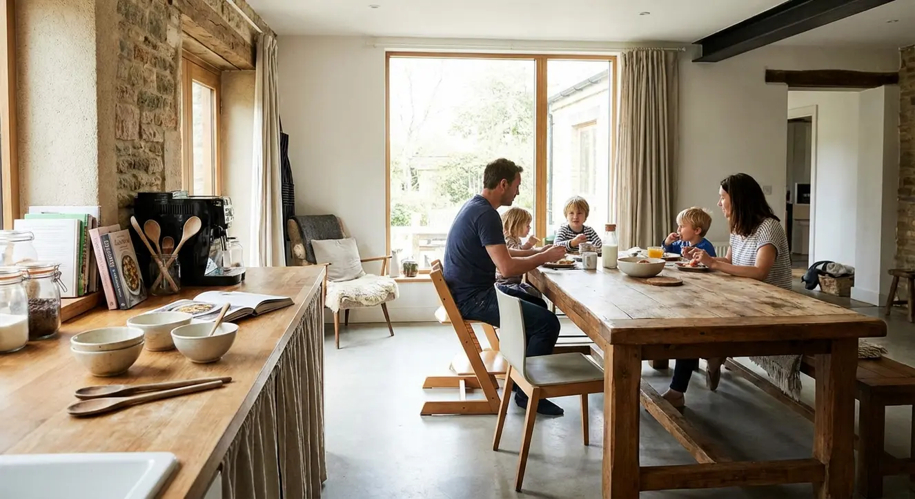 Une cuisine moderne avec une grande table en bois massif, ambiance chaleureuse et lumière naturelle, plan de travail avec traces d’ustensiles et accessoires de cuisine