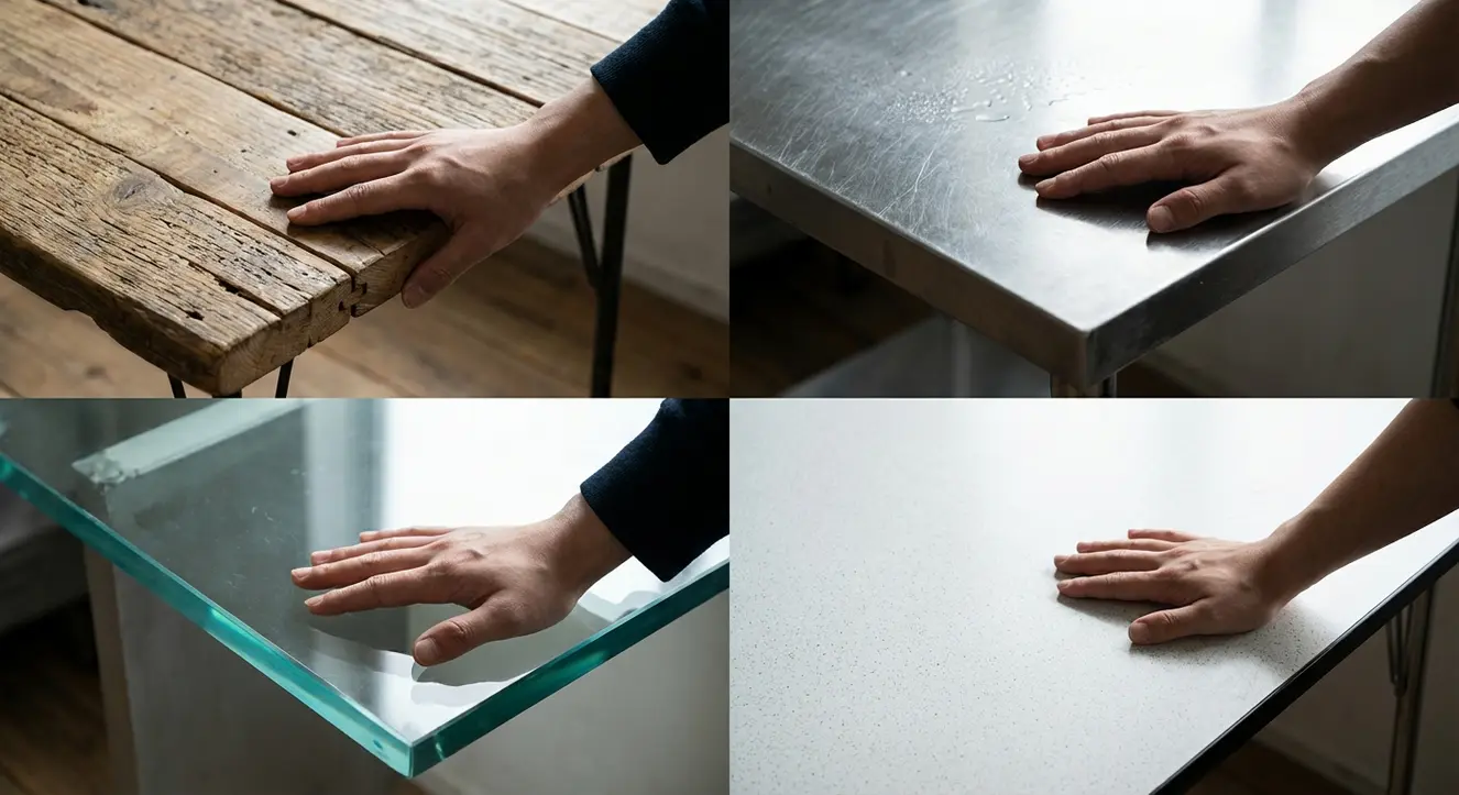 Gros plan sur différentes textures de surfaces de table : bois brut, métal froid, verre trempé, stratifié, montrant l’interaction des mains avec chaque matériau