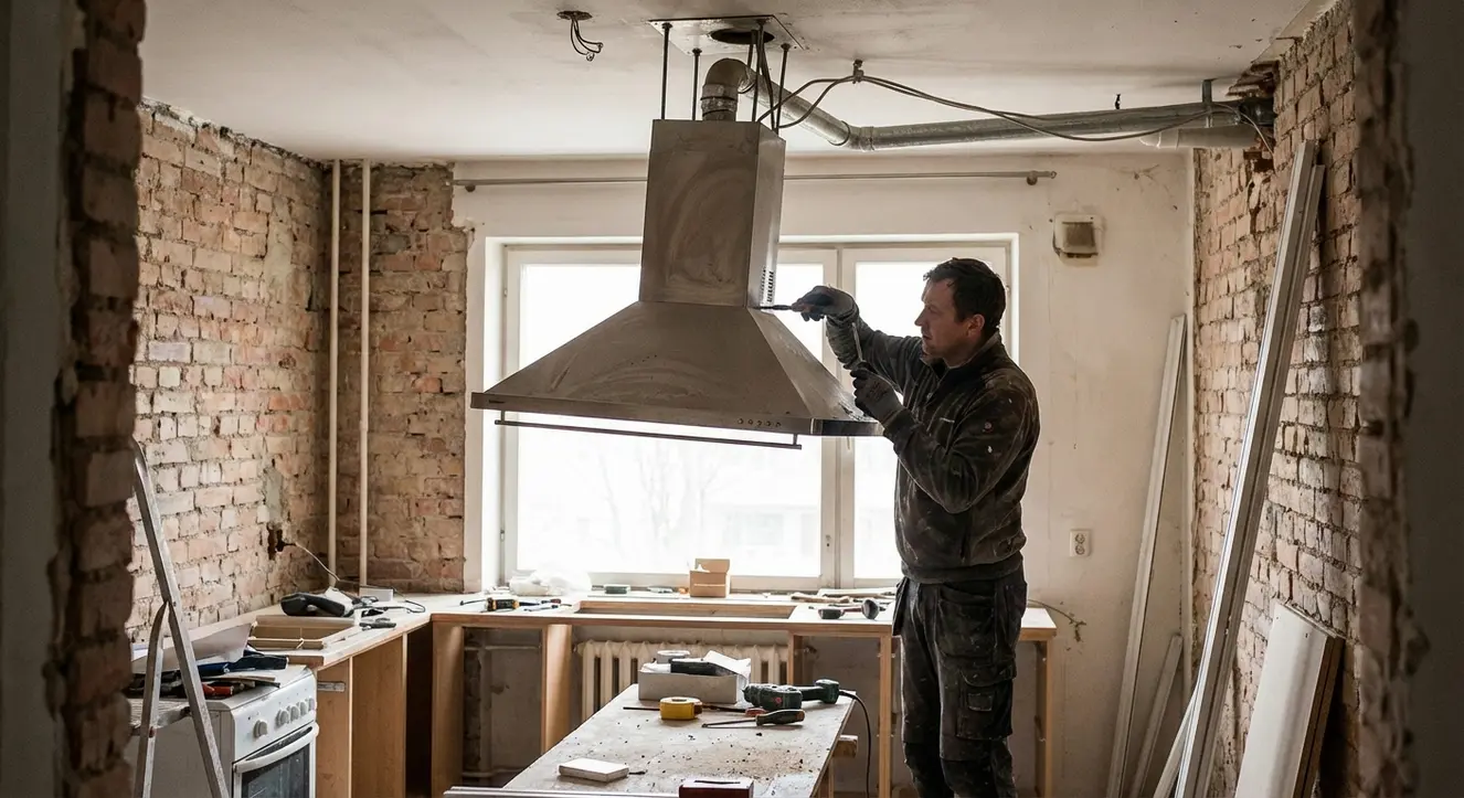 Choisir sa hotte aspirante : recyclage ou évacuation ? - Illustration Intérieur d’une cuisine en plein chantier, un homme en train de démonter une hotte, lumière naturelle, ambiance authentique et technique