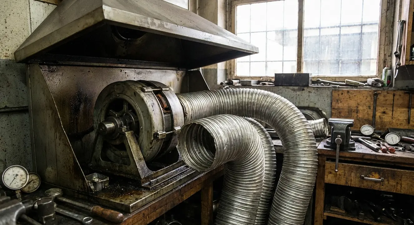 Choisir sa hotte aspirante : recyclage ou évacuation ? - Illustration Gros plan technique sur un moteur de hotte et conduits d’aération, ambiance atelier mécanique