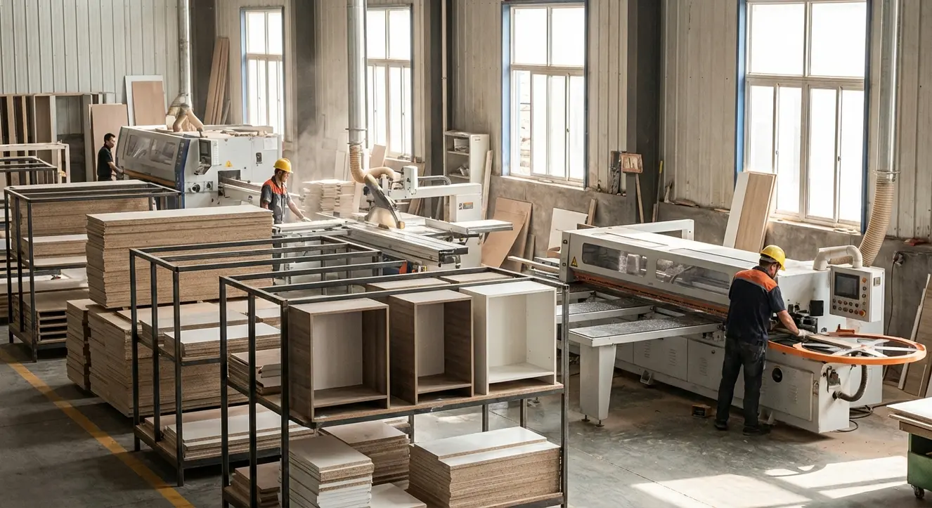 Atelier d’usine de fabrication de cuisines, avec machines industrielles en fonctionnement et panneaux de bois empilés