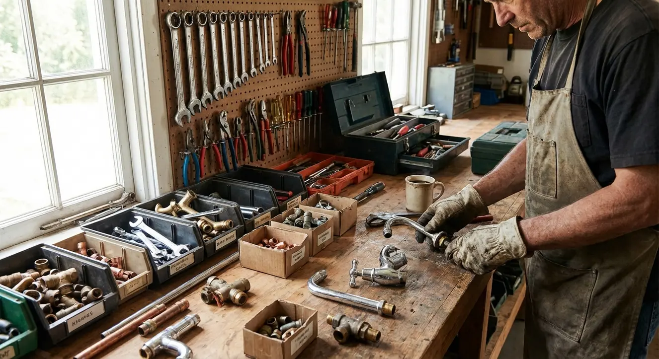 Illustration d’un atelier de plomberie avec outils bien rangés et différents types de robinets et raccords, ambiance précise et méticuleuse