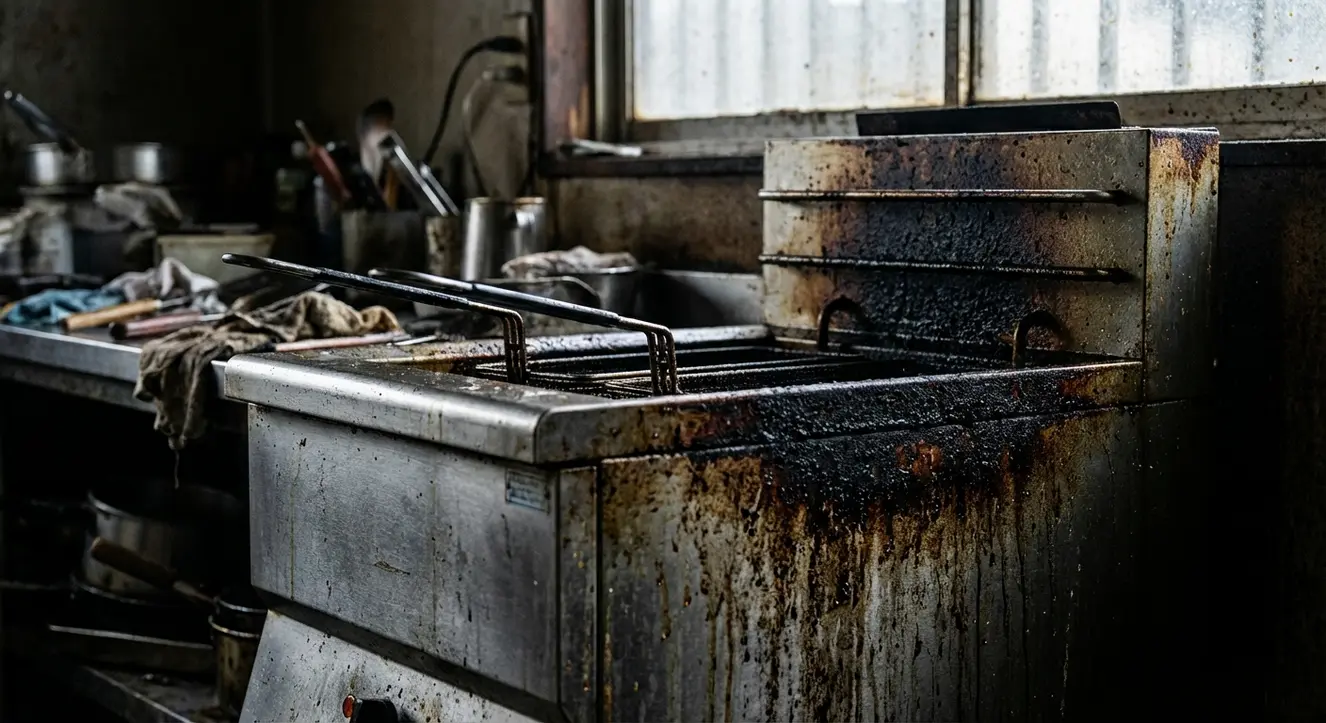 Vue rapprochée d’une friteuse industrielle avec traces de graisse carbonisée, ambiance atelier, lumière tamisée et réaliste