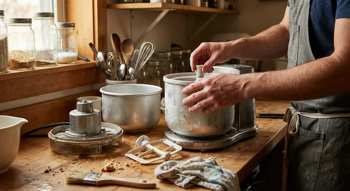 Comment nettoyer une sorbetière (et éviter les taches de sorbet) ? - Illustration Gros plan dynamique d’une sorbetière en train d’être démontée, éclairage chaud et ambiance d’atelier de cuisine