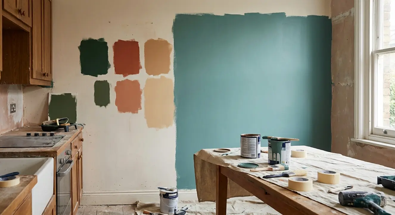 Intérieur d’une cuisine en rénovation avec échantillons de peinture posés sur un mur partiellement peint, ambiance chantier domestique