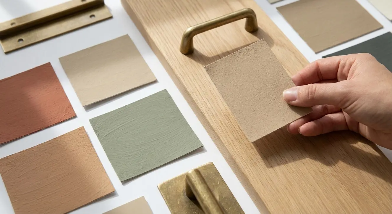 Gros plan sur des textures et couleurs de peintures de cuisines en harmonie avec des éléments de bois clair et métal doré
