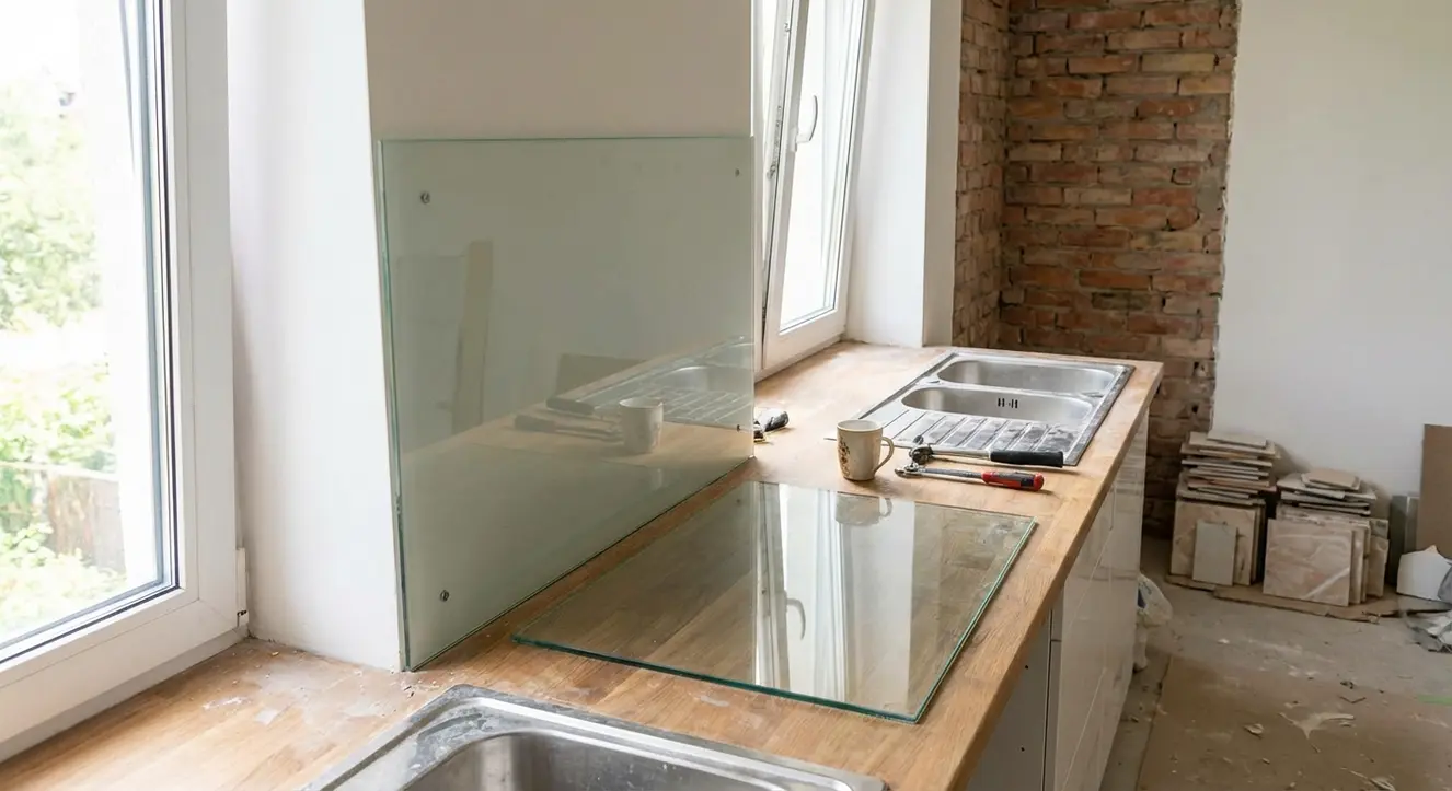 Intérieur de cuisine en cours de rénovation, détails sur une crédence en verre trempé posée au-dessus d’un plan de travail, ambiance lumineuse naturelle