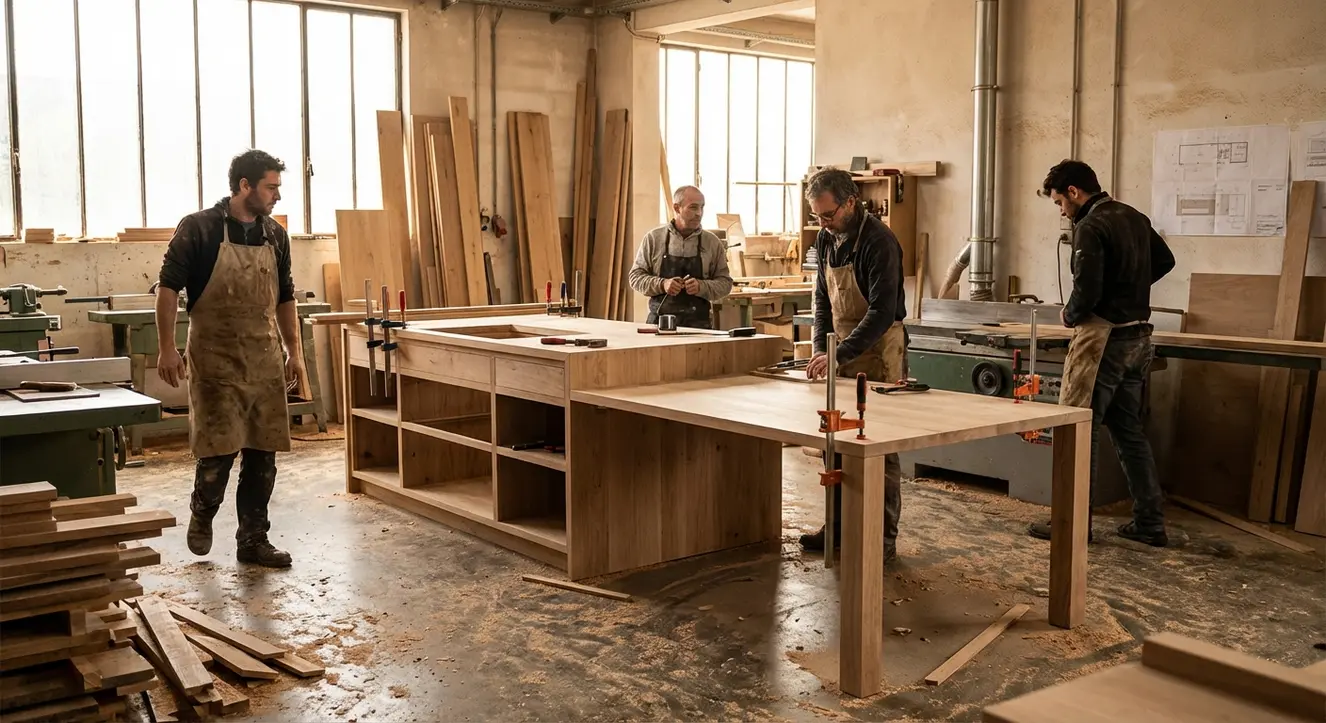Atelier de menuiserie avec plans de travail en bois et outils de fixation, ambiance industrielle et éclairage naturel