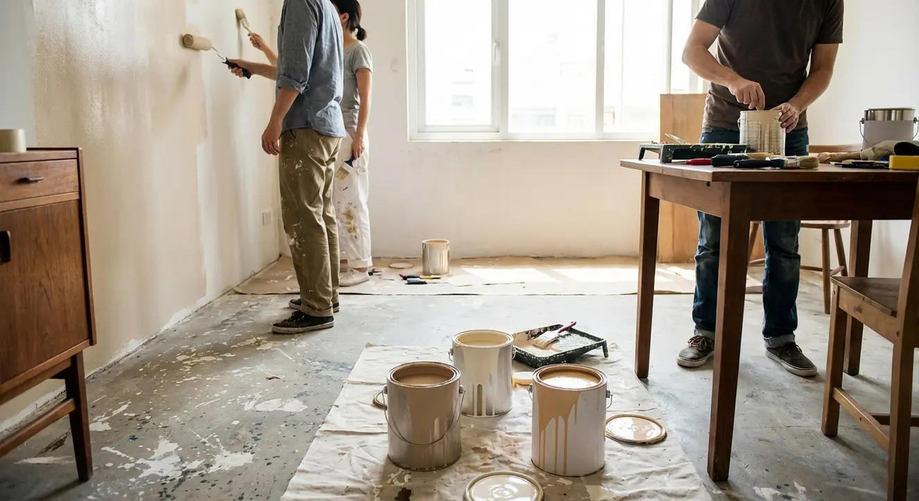 Atelier de peinture en cours dans une cuisine claire, avec rouleaux, pinceaux et traces sur un sol en béton ciré