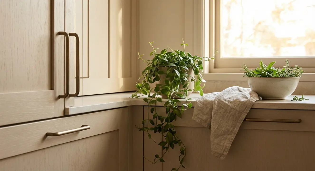 Détail d’une cuisine beige élégante avec plantes vertes, poignées en métal brossé et éclairage doux