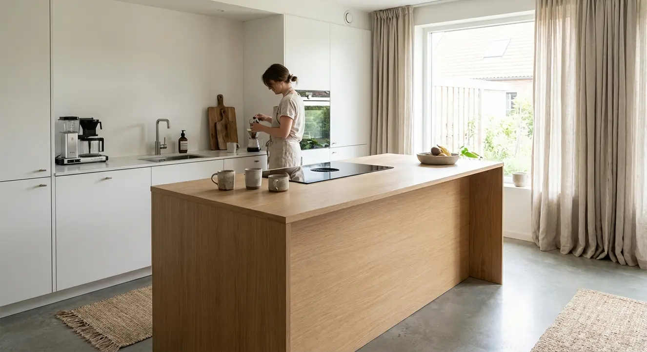 Intérieur de cuisine moderne où le blanc mat rencontre un bois clair naturel, avec éclairage doux et ambiance chaleureuse