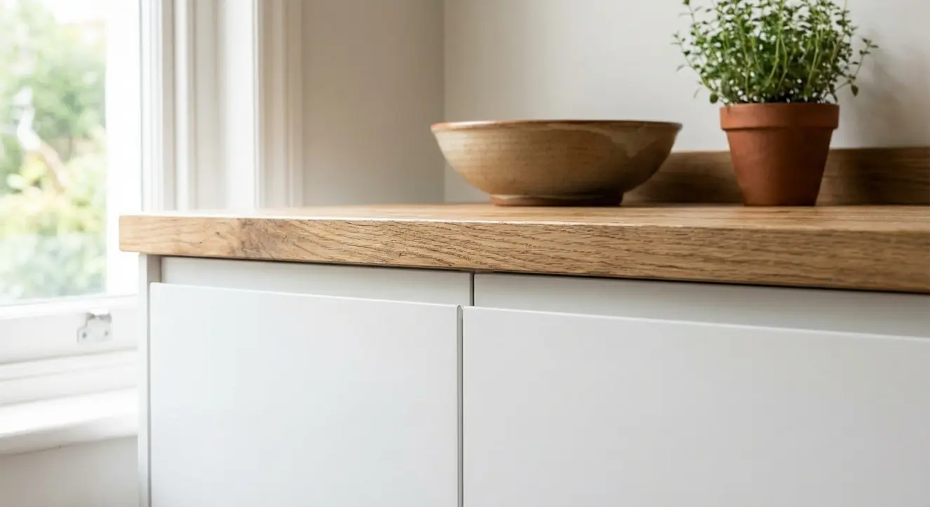 Détail de finitions bois huilé et surface blanche mate, lumière naturelle mettant en avant les textures