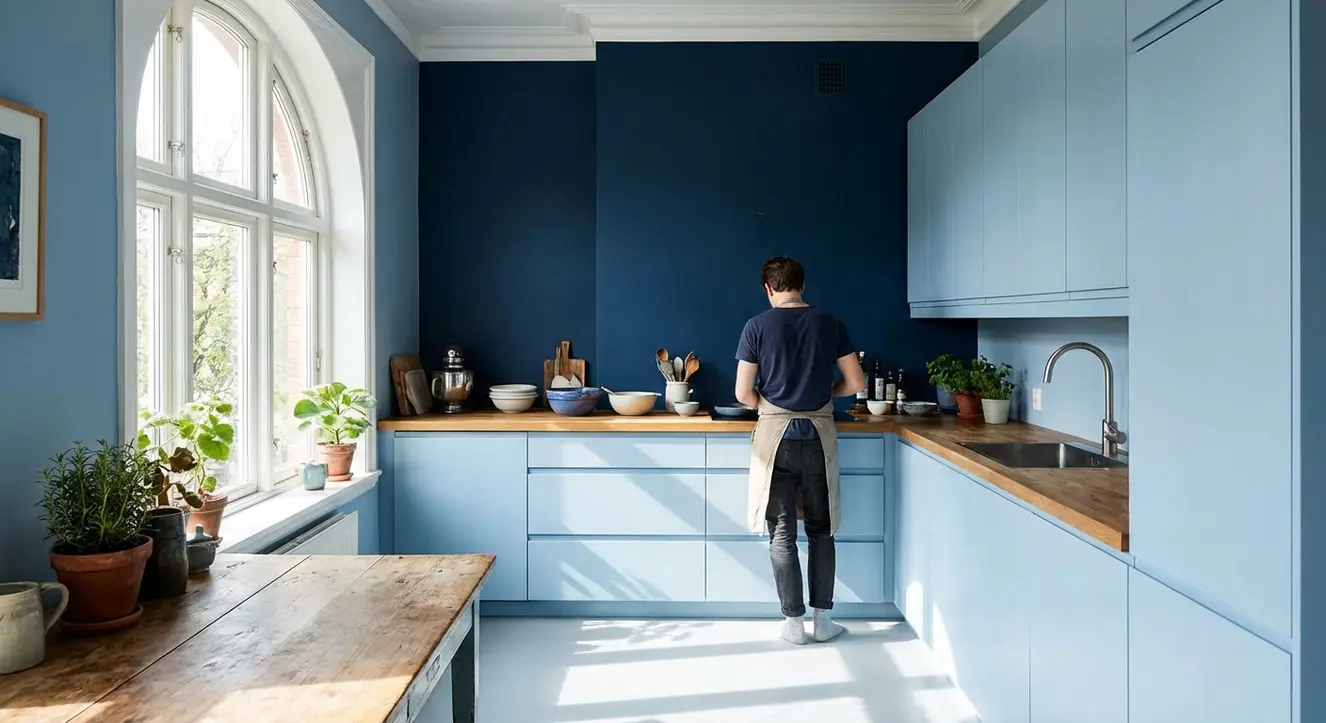 Lumière naturelle traversant une fenêtre donnant sur une cuisine moderne aux murs peints en nuances de bleu variées