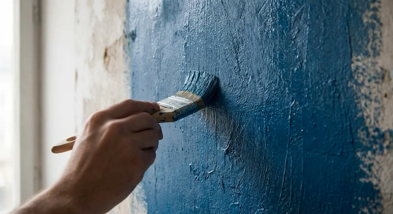Gros plan sur une main appliquant une peinture bleue sur un mur en lumière naturelle, avec texture visible