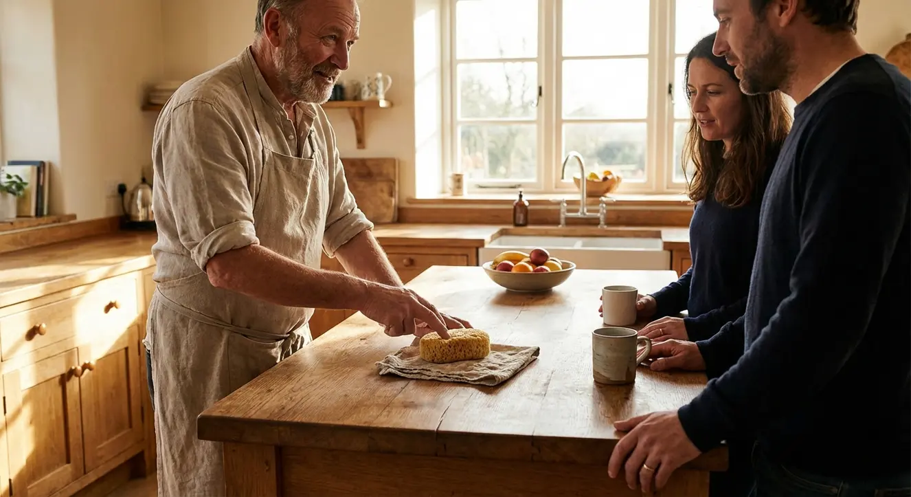 Scene conviviale avec un expert montrant une éponge et un chiffon doux posés à côté d’un plan de travail en bois massif, lumière naturelle chaleureuse