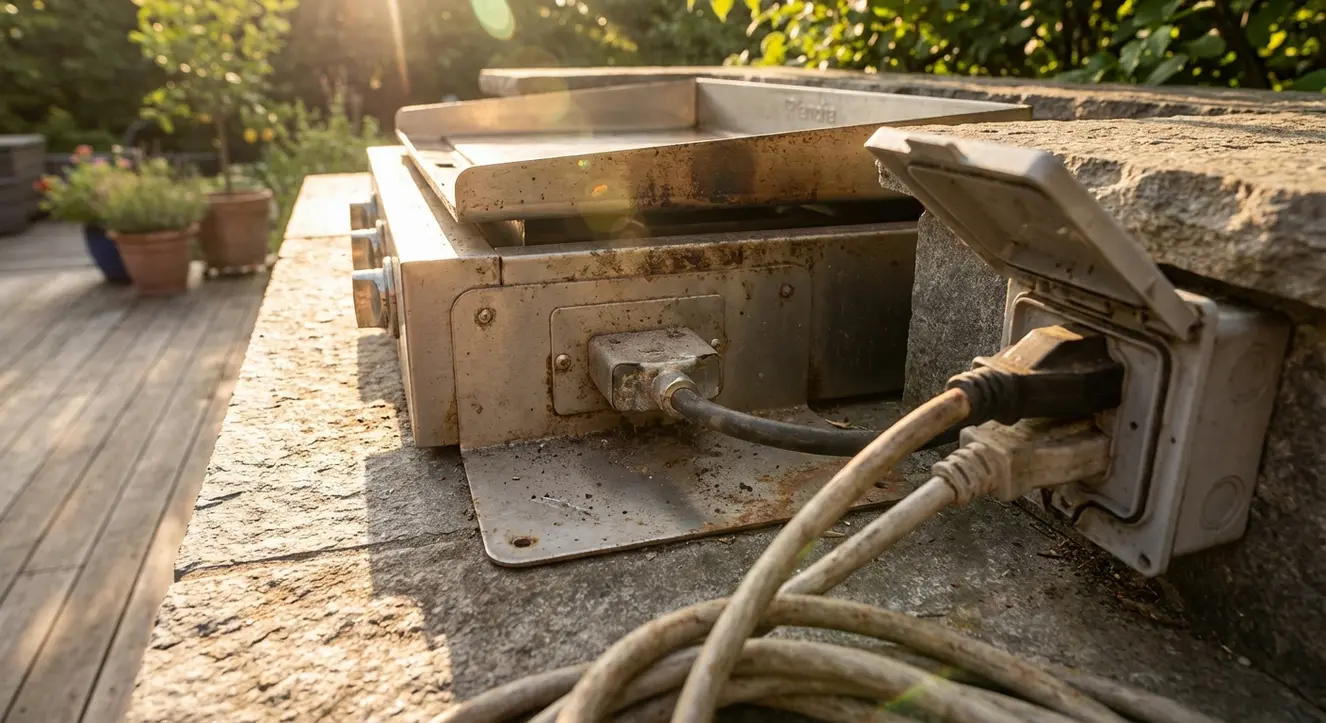 Gros plan sur plaquement d’une plancha et raccordements électriques en extérieur, avec éclats de lumière naturelle