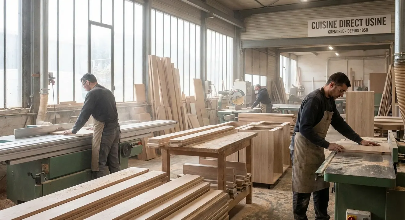 Cuisine Direct Usine Grenoble : l'histoire de la marque - Illustration Une vue détaillée d’un atelier de fabrication de meubles de cuisine, avec machines-outils, panneaux de bois, et ouvriers en action dans un éclairage d’atelier