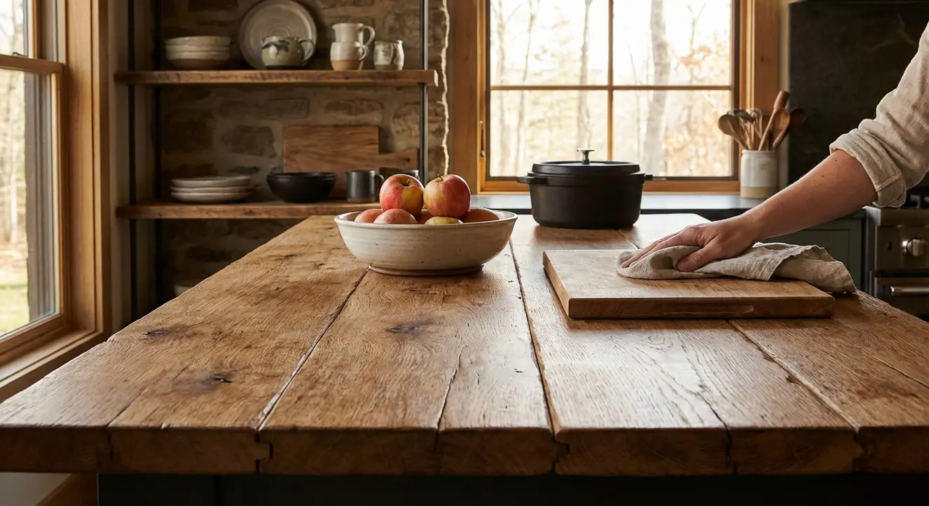 Ambiance naturelle dans une cuisine rustique en bois massif, lumière chaude, détail sur la texture du bois et finition satinée
