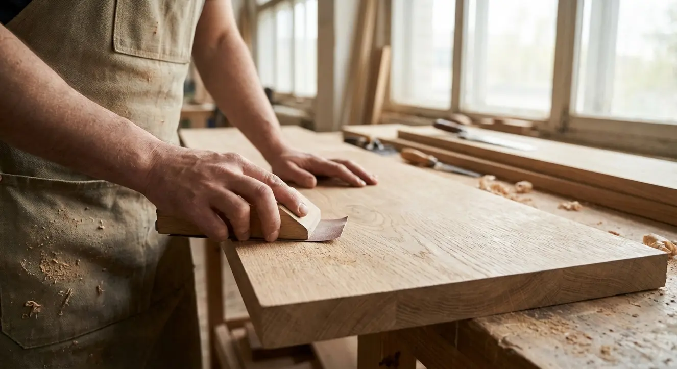 Gros plan sur un ponçage précis d’un plan de travail en chêne avec des outils manuels, ambiance atelier, lumière naturelle