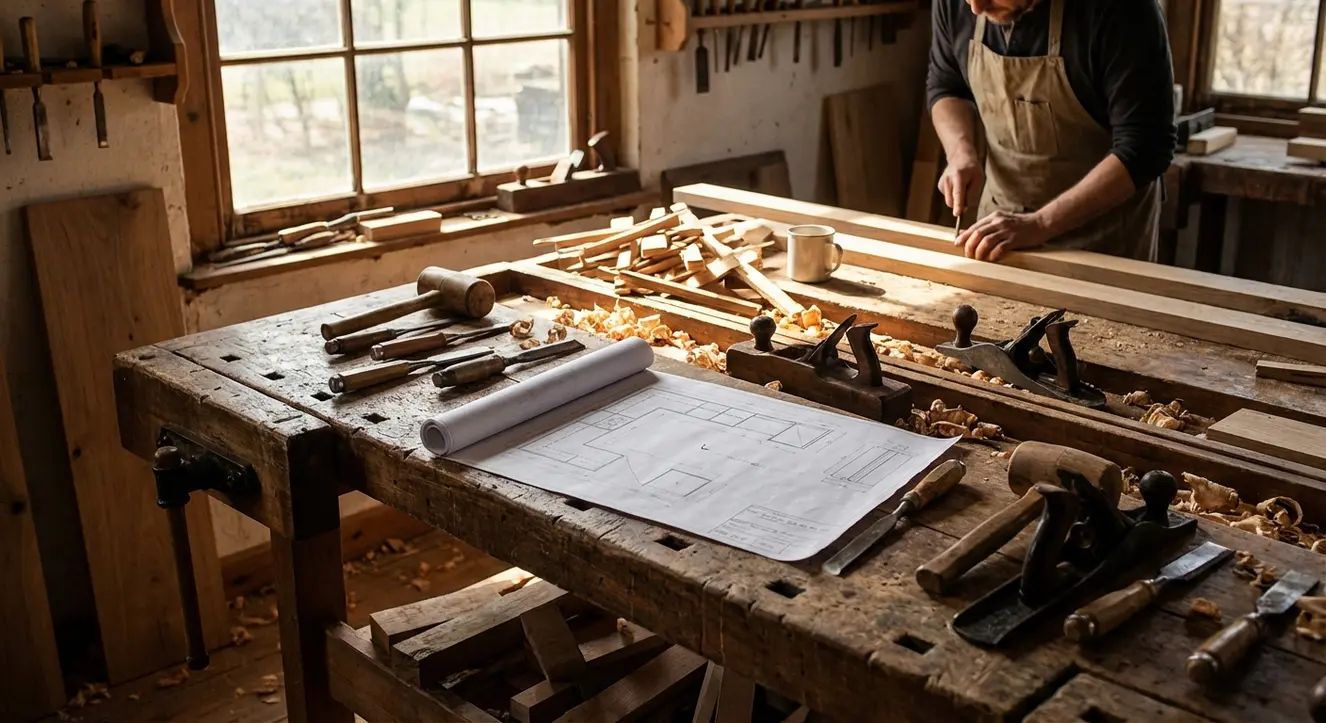 Atelier de menuiserie avec outils professionnels et éclats de lumière sur un plan de travail en bois, ambiance chaleureuse et authentique