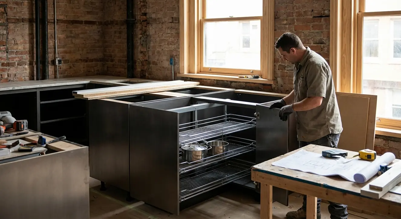 Cuisine en cours d’aménagement, avec focus sur un meuble d’angle équipé d’un système coulissant high-tech, ambiance de chantier professionnel