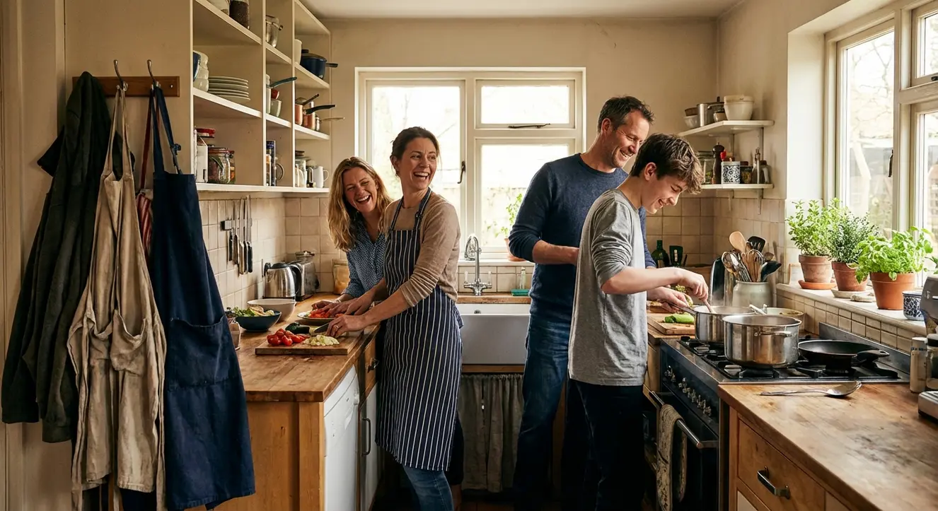 Scène réaliste d’une famille cuisinant en cuisine en U, avec lumière chaude et complicité entre les membres