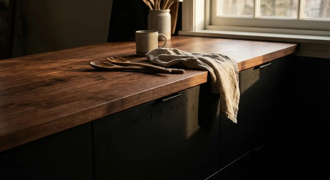 Gros plan sur un plan de travail bois foncé et éléments de cuisine noire mate, ambiance chaleureuse et naturelle, lumière douce en fin d’après-midi