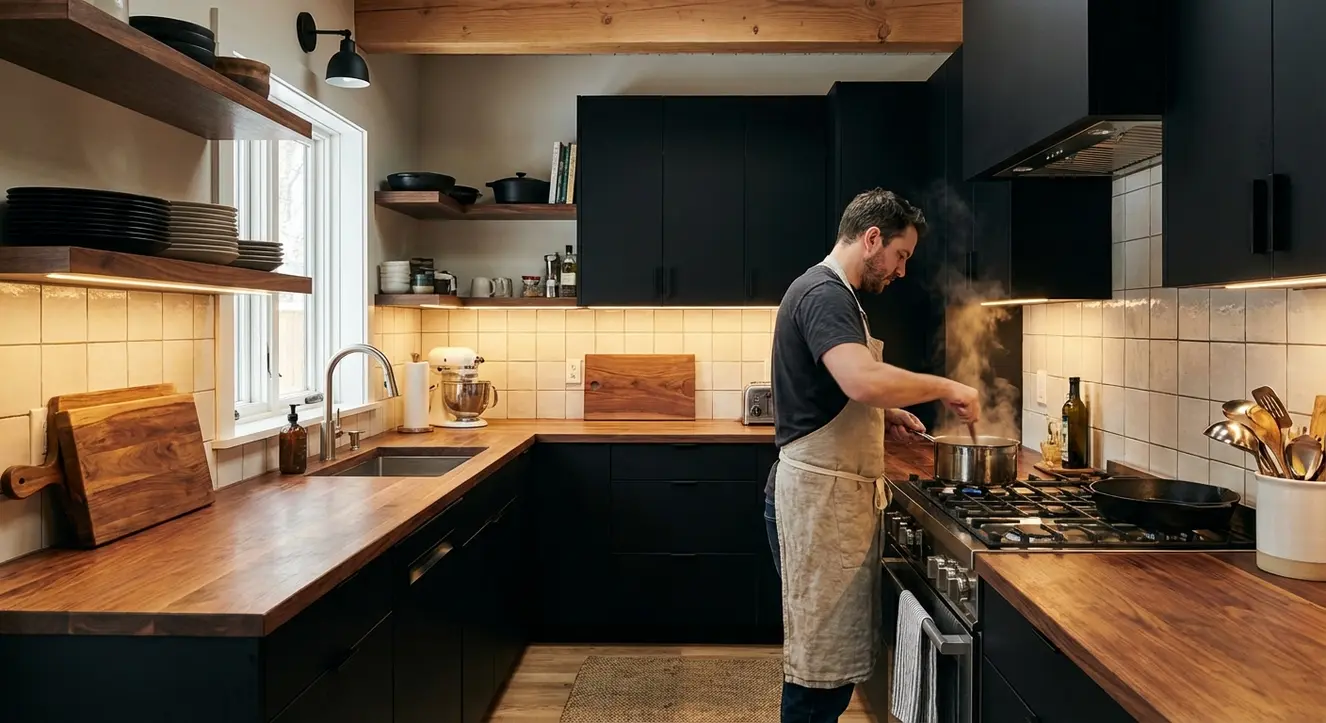 Scène d’une cuisine en activité avec éclairage LED, accentuant le contraste bois et noir, ambiance chaleureuse et fonctionnelle