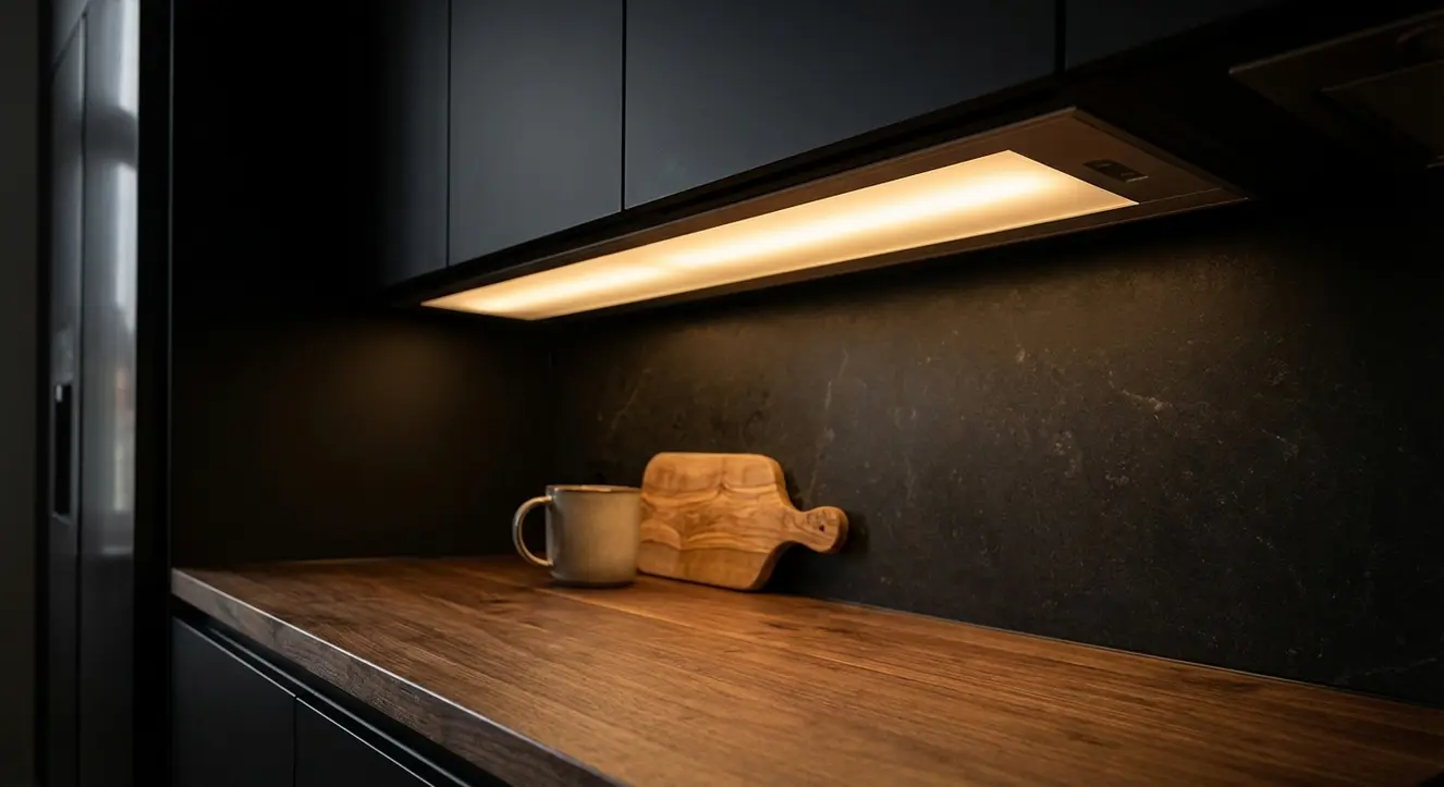 Gros plan d’un éclairage LED encastré dans une cuisine noire et bois, lumière chaude et diffuse, ambiance intime