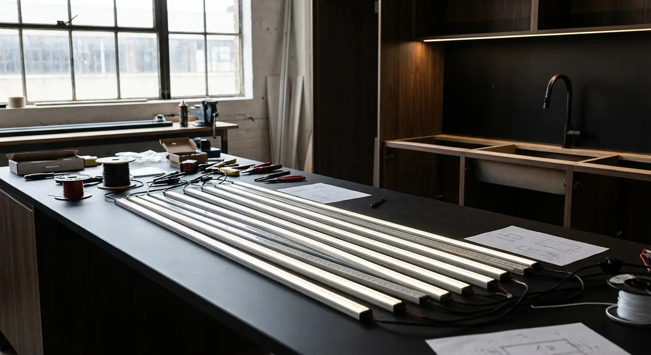 Vue d’atelier avec plusieurs bandeaux LED professionnels alignés sur un plan de travail noir mat, ambiance technique et sérieuse