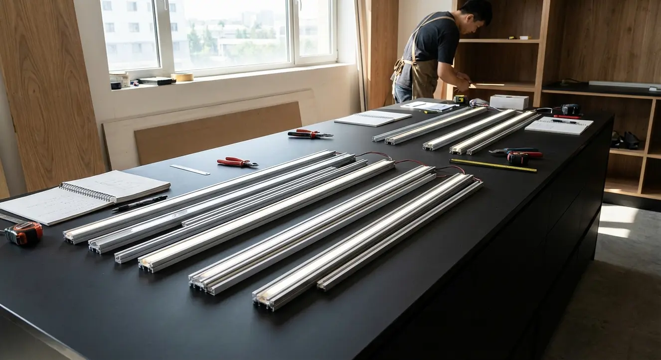 Vue d’atelier avec plusieurs bandeaux LED professionnels alignés sur un plan de travail noir mat, ambiance technique et sérieuse