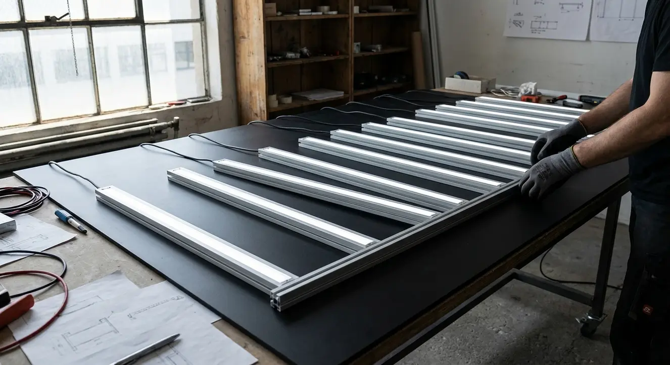 Vue d’atelier avec plusieurs bandeaux LED professionnels alignés sur un plan de travail noir mat, ambiance technique et sérieuse