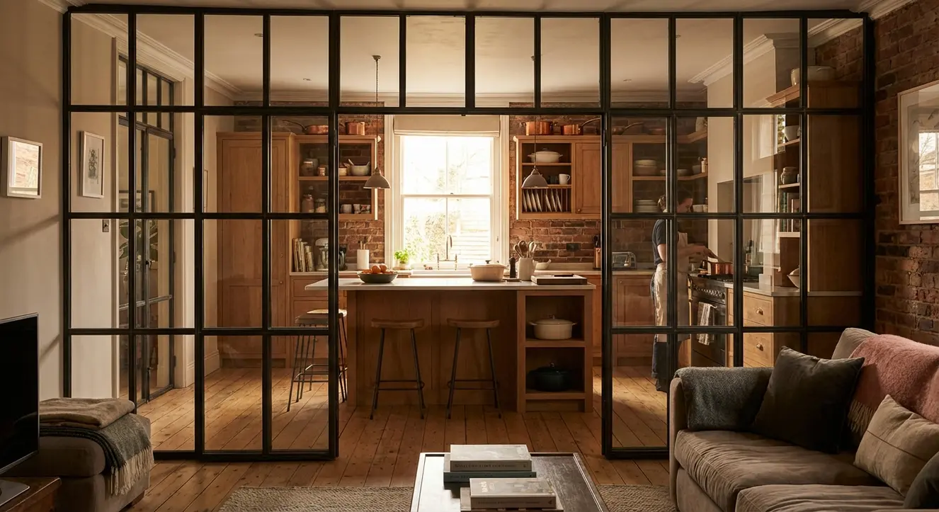Une cuisine semi-ouverte moderne avec verrière industrielle et rangements intégrés, ambiance chaleureuse et fonctionnelle