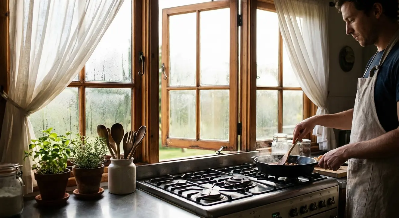 Cuisine rustique où une poêle chauffe sur une plaque de cuisson, avec des fenêtres grandes ouvertes laissant passer l’air, ambiance matinale, lumière naturelle