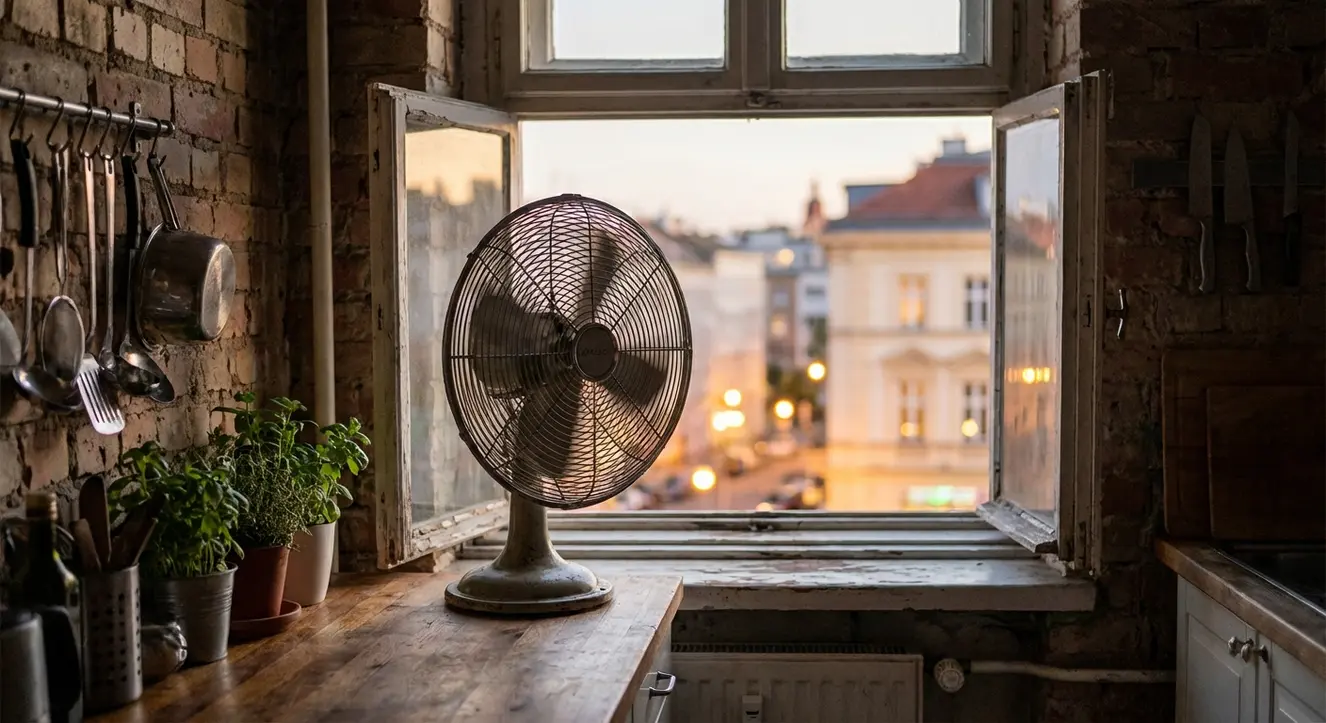 Détail d’une fenêtre ouverte avec un ventilateur à pied orienté vers l’extérieur, ambiance de cuisine urbaine, lumière douce du début de soirée
