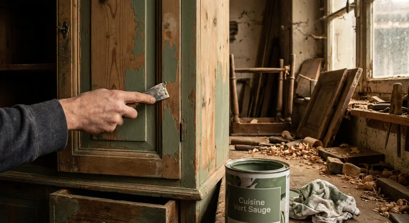 Plan serré d’un vieux meuble en pin en train d’être décapé, couleurs vert sauge à l’avant-plan, ambiance atelier avec éclairage tamisé